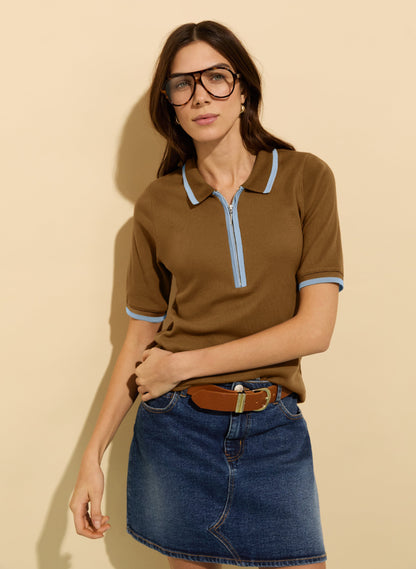 Naomi Organic Rib Zip Collar Top