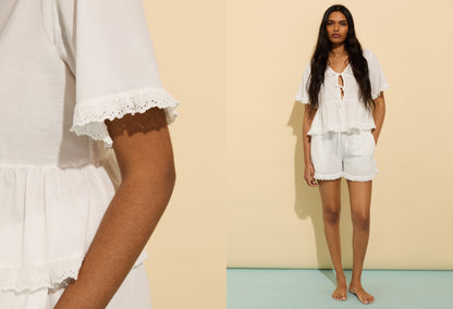 Emma Organic Cotton Broderie Detail Pyjama Top